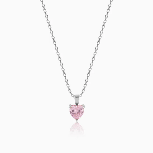 Silver Pink Heart Pendant with Link Chain